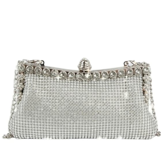 None Handbags - Silver Rhinestone Bling Evening Clutch Shoulder Handbag